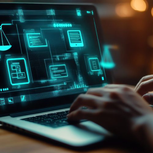 Online Justice: Laptop with digital scales and legal icons representing legal services and digital solutions.